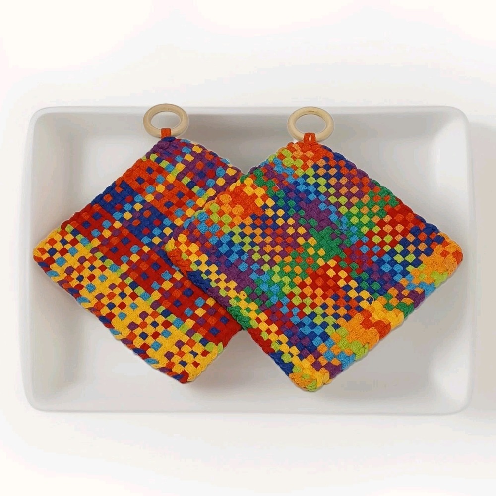 Handmade  Loop Loom Woven Pot‎ Holder Trivet Bright Multicolored Set Cottagecore